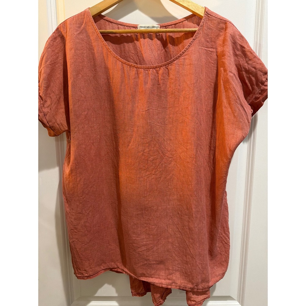 Terzo Millennio Italy 100% Linen Top L Peach Coral Button Back Blouse Lagenlook